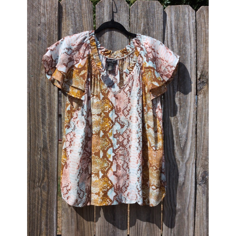 Wrangler Retro Snakeskin Print Ruffle V-Neck Flutter Sleeve Blouse XL LW2007M